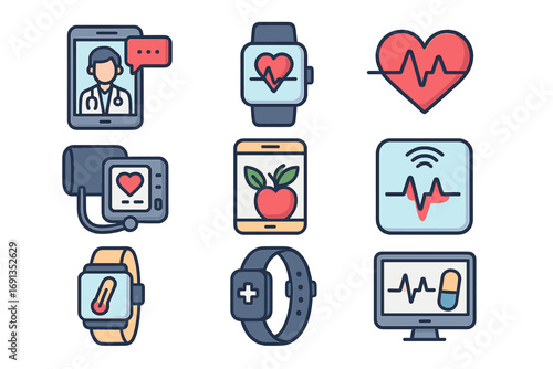 Health technology icons. Telemedicine, wearable devices for wellness monitoring. Digital health vector symbols for online doctor, heart rate tracker, smartwatch, EKG. Cartoon.