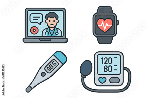 Telemedicine vector icon set. Digital health concept with doctor on laptop, smart watch, thermometer, blood pressure monitor. Healthcare technology for online consultation.
