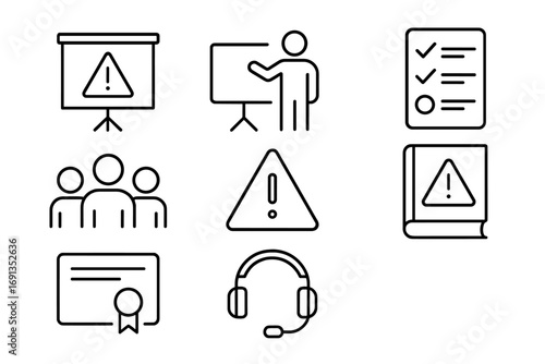Workplace Safety Icons. Outline icon set of workplace safety training: presentation board, instructor,