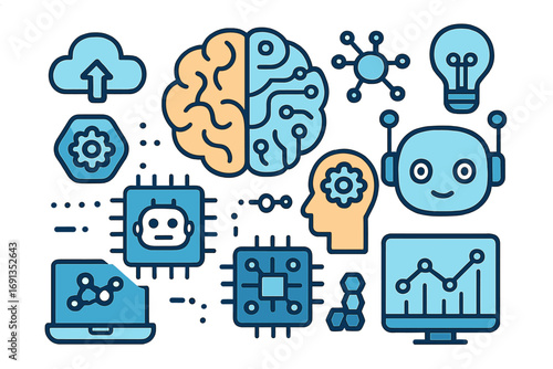 Artificial intelligence icon set. AI, machine learning, robotics, data science vector symbols. Brain, robot, chip, cloud computing, analytics and technology concepts.