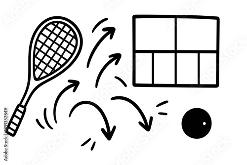 Squash sport elements doodle set. Vector cartoon illustration of a racket, ball, court plan, and action arrows showing game strategy, movement and bouncing shots.