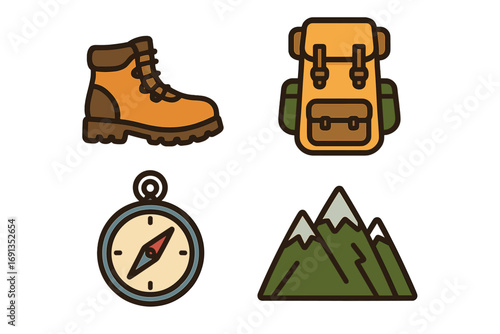 Set of hiking gear icons. Boot, backpack, compass, and mountain. Outdoor adventure, trekking and camping equipment symbols. Flat vector cartoon illustration for travel and exploration.