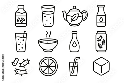 Microbiome Beverage Icons. Outline icon set of microbiome-friendly beverages: kombucha bottle, kefir glass,