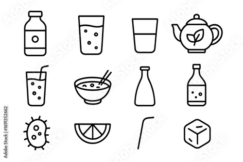 Microbiome Beverage Icons. Outline icon set of microbiome-friendly beverages: kombucha bottle, kefir glass,