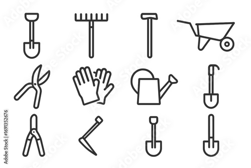 Garden Tools Icons. Outline icon set of garden tools: shovel, rake, hoe, wheelbarrow, pruning shears, gloves,