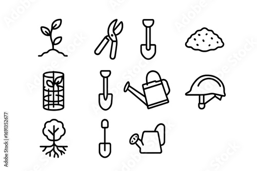 Tree Care Icons. Outline icon set of tree care: sapling, pruning shears, mulch, tree guard, shovel, watering