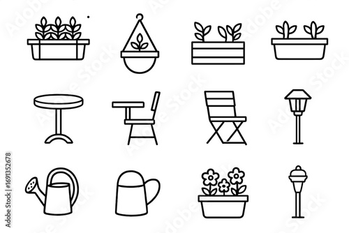 Balcony Garden Icons. Outline icon set of balcony gardens: railing planter, hanging pot, herb box, small table