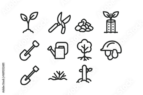 Tree Care Icons. Outline icon set of tree care: sapling, pruning shears, mulch, tree guard, shovel, watering