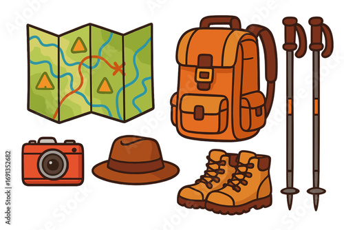 Travel essentials set for adventurous journey. Hiking and camping equipment collection with backpack, map, boots, poles. Outdoor adventure gear vector cartoon illustration.