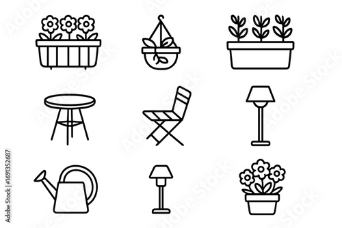 Balcony Garden Icons. Outline icon set of balcony gardens: railing planter, hanging pot, herb box, small table
