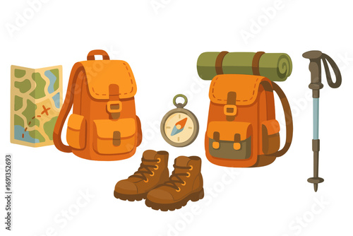Hiking gear and travel essentials set for an adventurous journey. Backpack, map, boots, compass, and trekking pole. Outdoor camping and exploration concept. Vector cartoon.