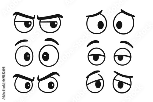 Cartoon eye expressions vector set. Funny comic character eyes showing diverse emotions: angry, sad, surprised, sleepy. Minimalist emotion design elements for avatar creation.