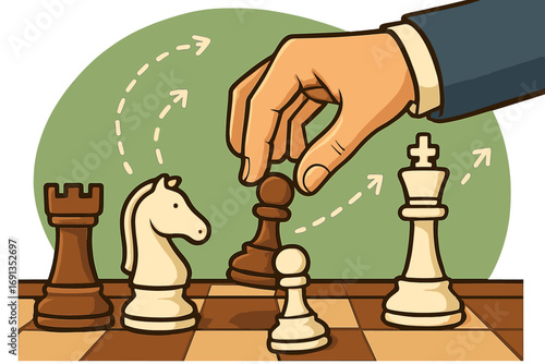 Hand moving chess piece on board, a metaphor for business strategy, planning, and tactical decisions. Concept of competition, leadership, and making the right move for success.