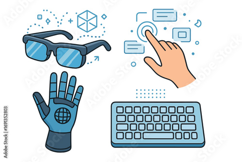 Augmented reality and virtual reality technology icon set. VR glasses, haptic glove, touch screen interface, and virtual keyboard. Elements for metaverse and cyberspace.
