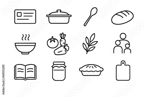 Traditional Recipe Icons. Outline icon set of traditional family recipes: recipe card, casserole dish, wooden