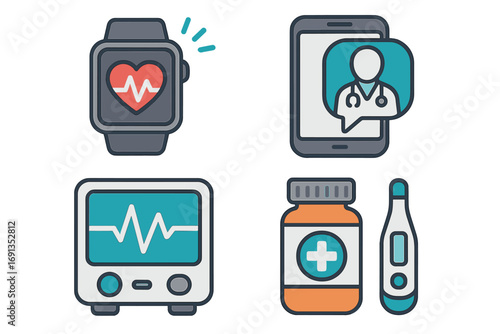 Healthcare technology icons for medical monitoring and telehealth. Vector set with smartwatch, online doctor consultation, ECG monitor, medicine bottle, and thermometer.