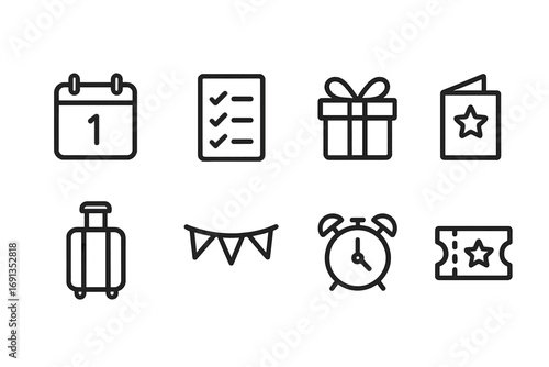 Excitement Icon Set. Outline icon set of excitement preparations: calendar date, checklist, gift wrapping, invitation card, travel