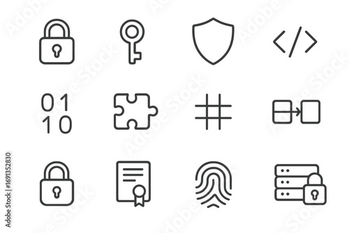 Encryption Icons Grid. Outline icon set of encryption algorithms: lock, key, shield, code block, binary digits