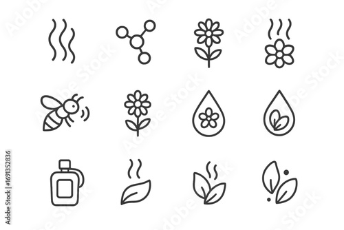 Flower Scent Icons. Outline icon set of flower scent: fragrance waves, scent molecules, aroma lines,