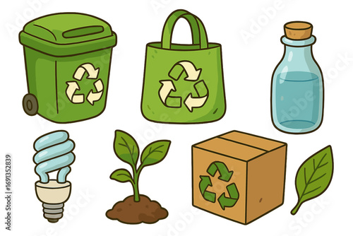 Ecology and recycling concept. Set of cartoon vector icons. Sustainability, eco friendly and zero waste lifestyle. Reusable bag, glass bottle, container for sorting waste.