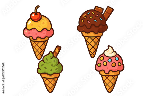 Colorful cartoon ice cream cone collection. Vector set of cute sweet dessert food icons. Playful illustration of various flavors and toppings like sprinkles, cherry and wafers.