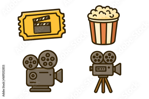 Cinema icon set for film festival or movie night. Vector cartoon illustration with popcorn, ticket, clapperboard, and retro film camera. Movie production and entertainment concept.