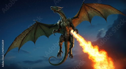 Majestic Armored War Dragon Unleashes Fiery Breath Against a Dark Sky