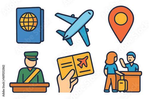 Travel icon set for tourism and journey. Vector cartoon illustration of passport, airplane, location pin, customs officer, boarding pass, and airport check-in counter.