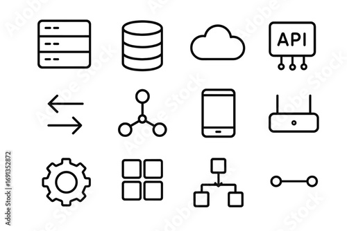 System Architecture Icons. Outline icon set of system architecture: server rack, database cylinder, cloud, API