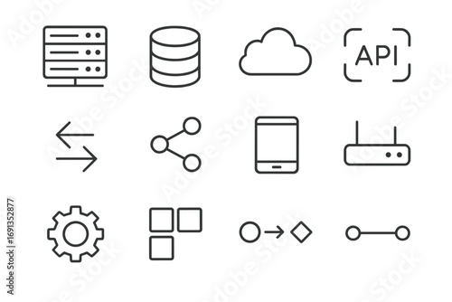 System Architecture Icons. Outline icon set of system architecture: server rack, database cylinder, cloud, API