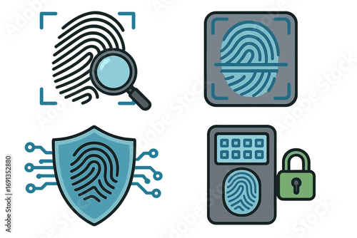 Fingerprint scanner icon set for biometric security and identification. Vector illustration of access control technology, cyber protection, and digital authentication concepts.