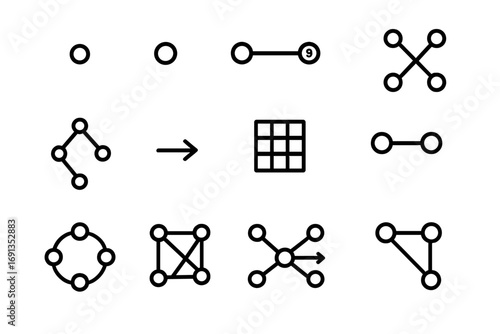 Graph Algorithms Icons. Outline icon set of graph algorithms: node, edge, weighted edge, shortest path,
