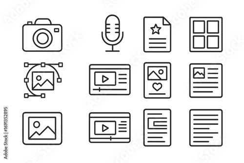 Content Creation Icons. Outline icon set of content creation: camera, microphone, script, storyboard, graphics