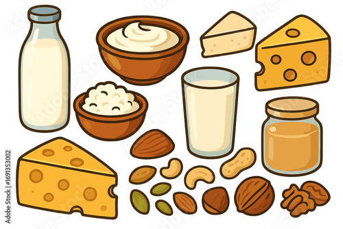 Dairy products and nuts icon set. Cartoon vector illustration. Milk, cheese, yogurt, peanut butter, almond, walnut. Healthy food, protein source, and ingredients concept.