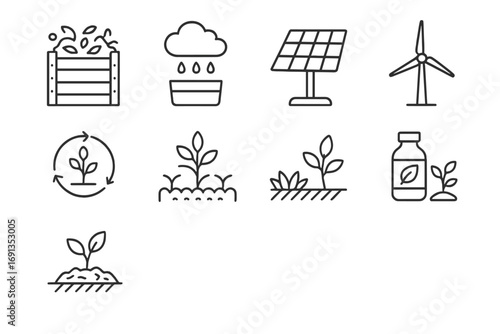 Sustainable Farming Icons. Outline icon set of sustainable farming: compost bin, rainwater collection, solar