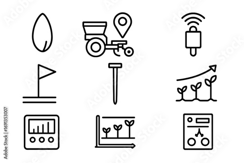 Precision Planting Icons. Outline icon set of precision planting: seed, planter, GPS, sensor, row marker, soil