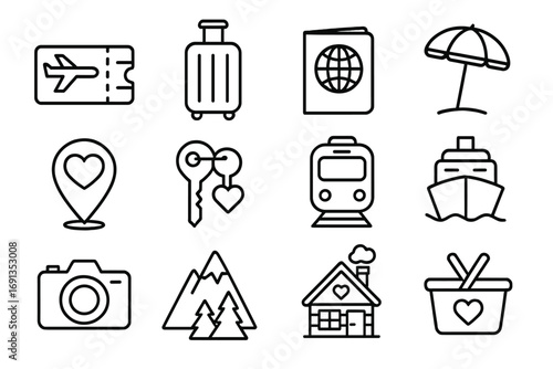 Couples Travel Icons. Outline icon set of travel surprises for couples: plane ticket, suitcase, passport,