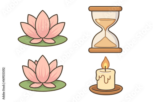 Lotus flower, candle, and hourglass vector icon set for meditation and mindfulness. Concept for spa, wellness, yoga, and relaxation. Metaphor for time, patience, and zen.