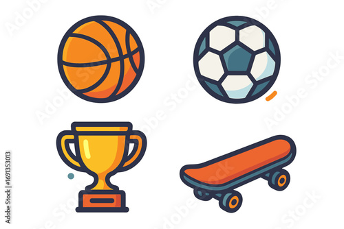 Set of sport icons. Basketball, soccer ball, winner trophy cup and skateboard. Collection of modern vector illustrations for web and mobile design. Active lifestyle concept.