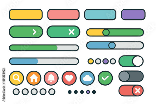 UI UX elements kit. Big set of colorful flat design buttons, icons, progress bars, and sliders for web and app development. Cartoon vector graphic user interface design.