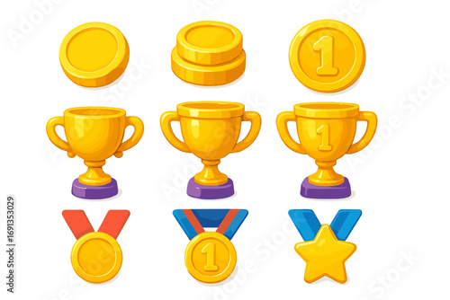 Gold trophy cup, medal, and coin award icon set for game UI. First place winner prize and achievement rewards. Vector cartoon illustration for competition or app design.