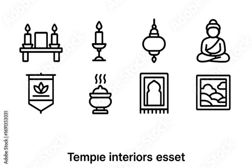 Temple Icon Set. Outline icon set of temple interiors: altar table, candle holder, hanging lamp, sacred statue