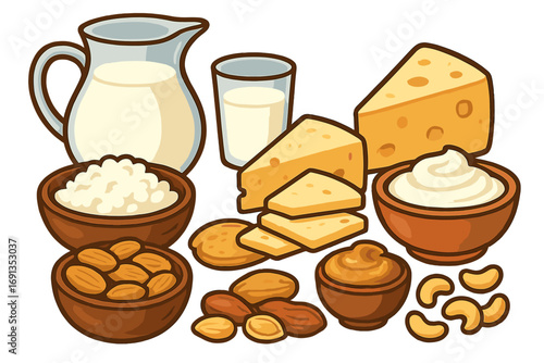 Dairy products and nuts food group collection. Healthy protein sources like milk, cheese, cottage cheese, yogurt, almonds, and cashews. Vector cartoon illustration set.