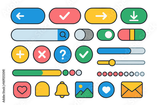 UI kit vector elements for web and app design. Colorful flat cartoon GUI pack with buttons, progress bar, slider, icons. User interface components for mobile application.