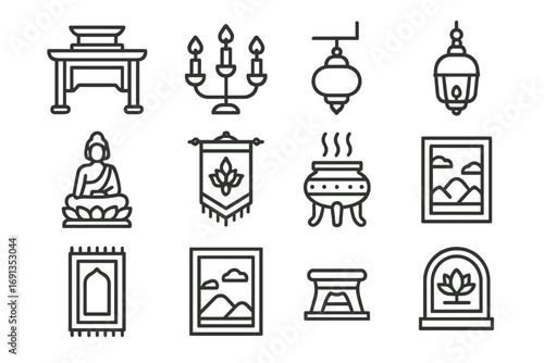 Temple Icon Set. Outline icon set of temple interiors: altar table, candle holder, hanging lamp, sacred statue