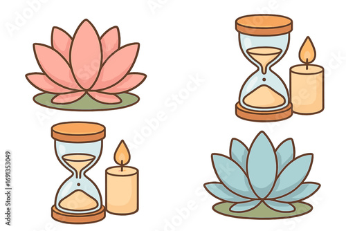 Vector cartoon illustration set of meditation and relaxation symbols. Lotus flower, hourglass, and candle for mindfulness, wellness, and spa concepts. Calm, zen design.