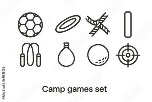 Camp Games Icons. Outline icon set of camp games: soccer ball, frisbee, tug-of-war rope, relay baton, jump