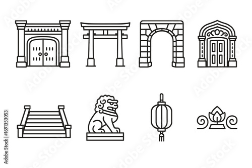 Temple Entrance Icons. Outline icon set of temple entrances: grand gate, torii, stone arch, carved doorway,