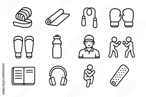Fight Preparation Icons. Outline icon set of fight preparation: hand wraps, stretching mat, skipping rope,