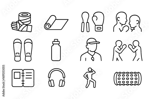 Fight Preparation Icons. Outline icon set of fight preparation: hand wraps, stretching mat, skipping rope,